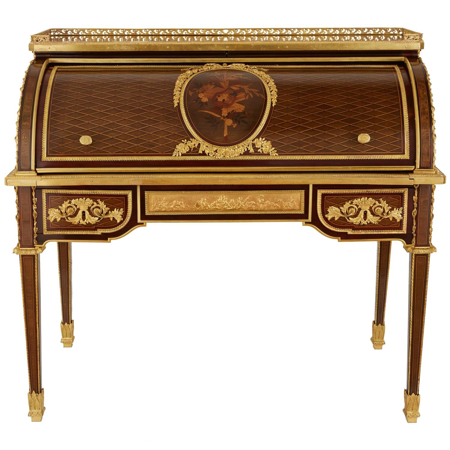 Ormolu Mounted Marquetry Roll Top Desk Attributed To P Bernard