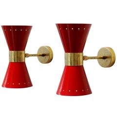 Beautiful Adjustable Pair of Red Italian Diabolo Brass Sconces in Stilnovo Style
