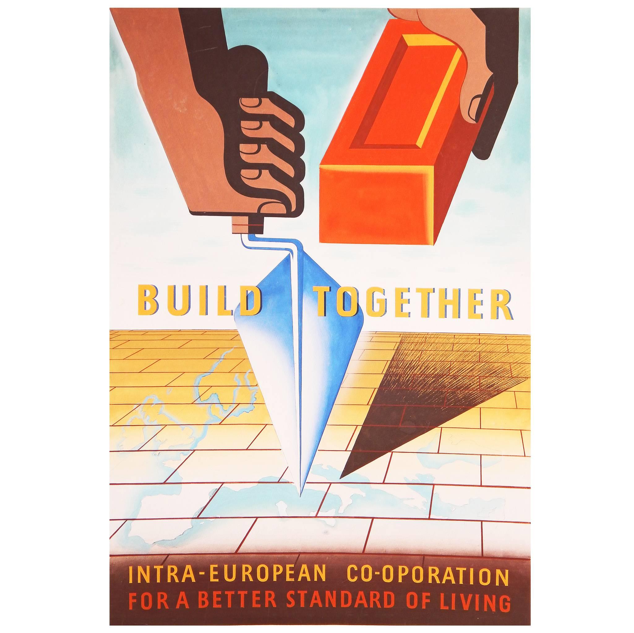 "Build Together, " Important 1950 Painting for Marshall Plan Poster Competition For Sale