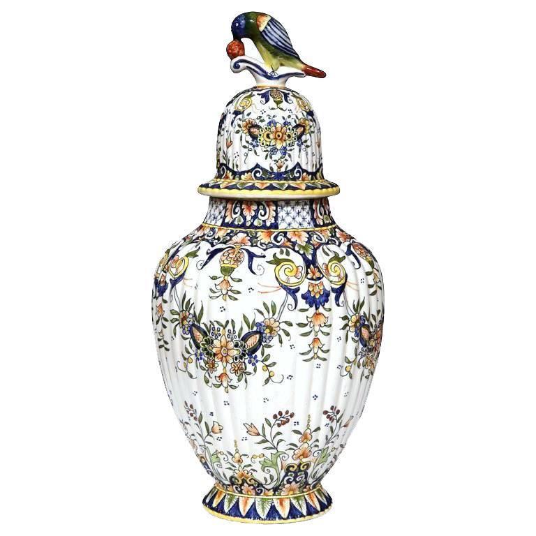 19th Century French Hand-Painted Floral Motifs Vase from Normandy, Dated 1882