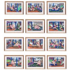 Set of Twelve Chinese Spring Palace Paintings