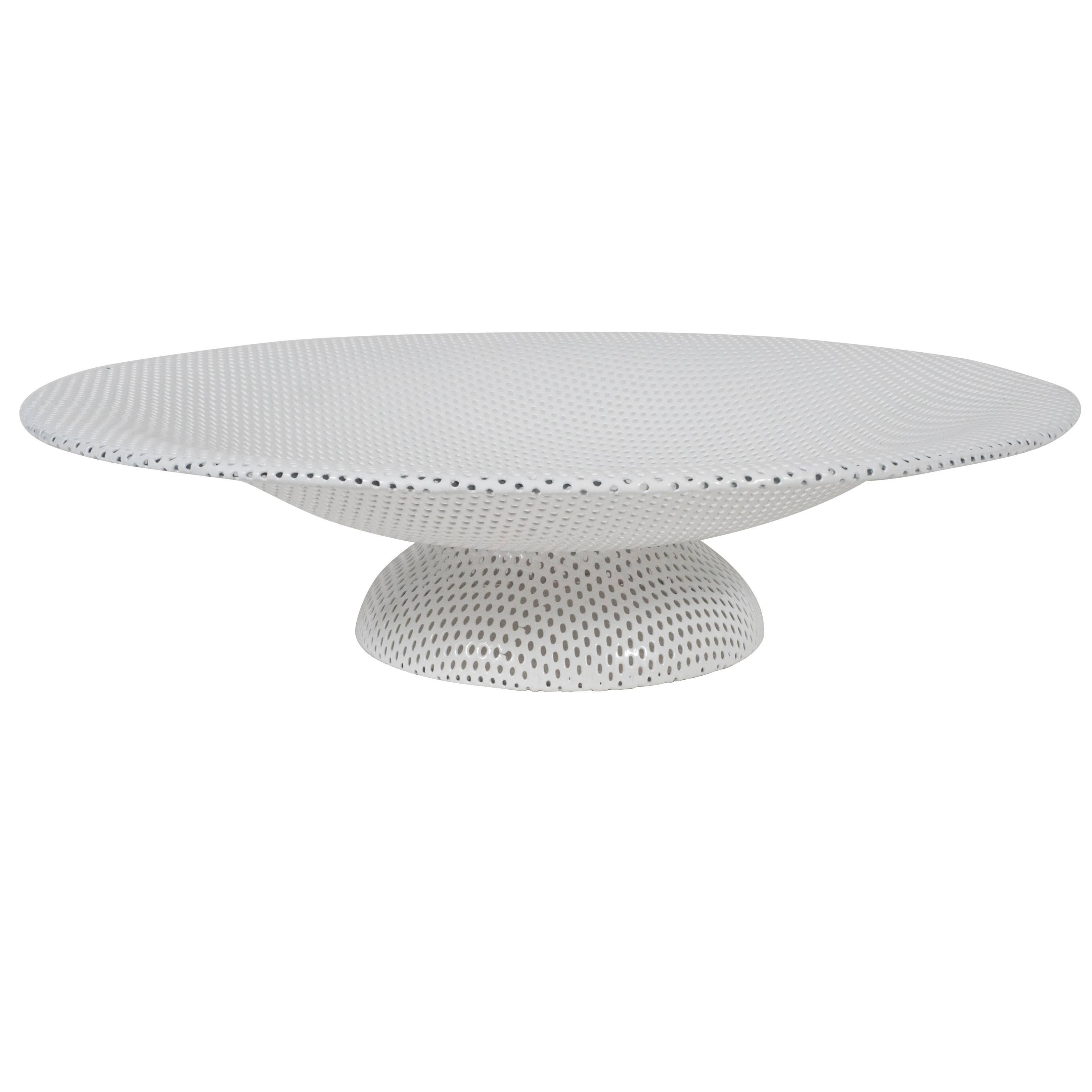 White Pierced Metal Pedestal Bowl in the Style of Matégot For Sale