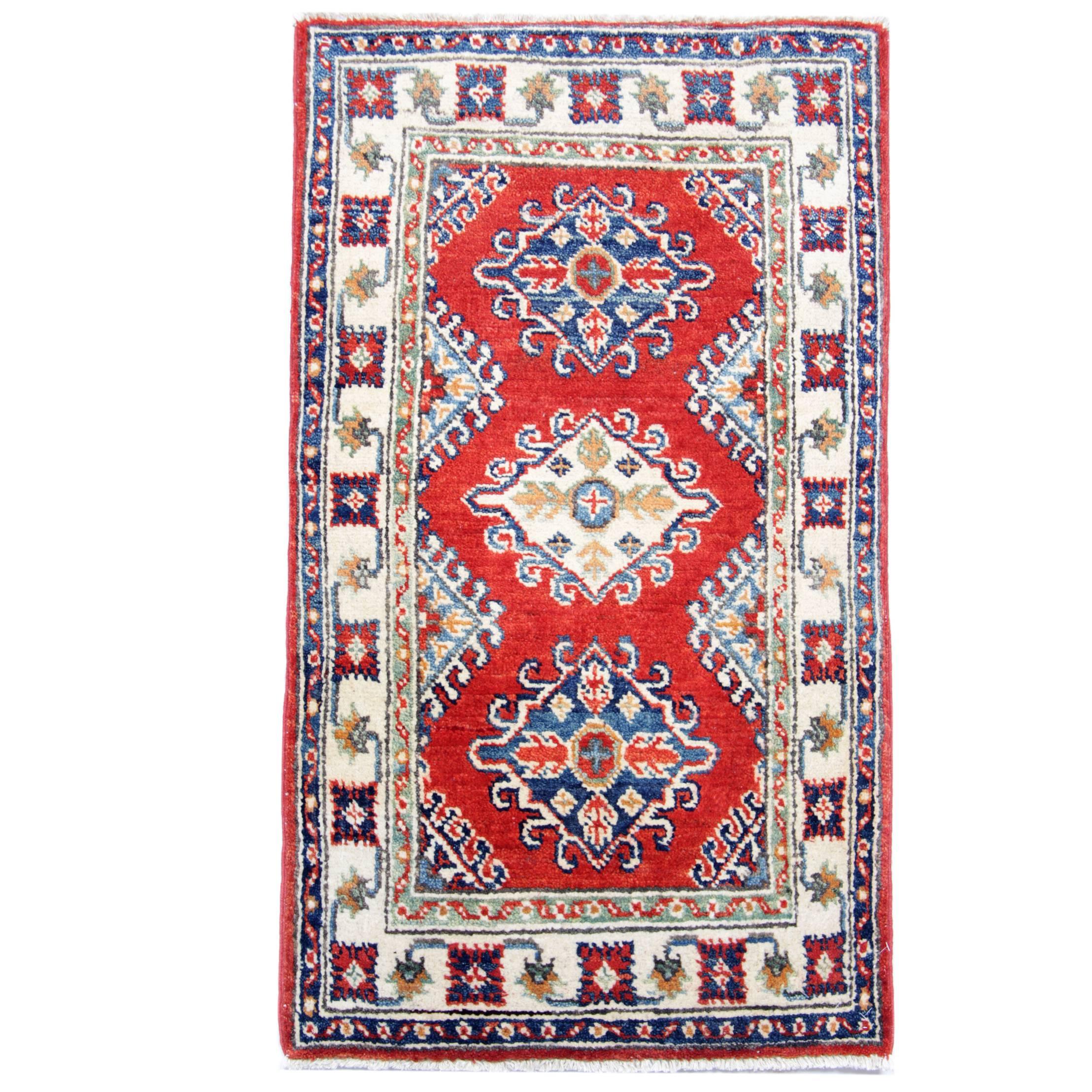 Red Oriental Rug Handmade Carpet, Geometric Small Rugs for Sale 59 x 96 cm