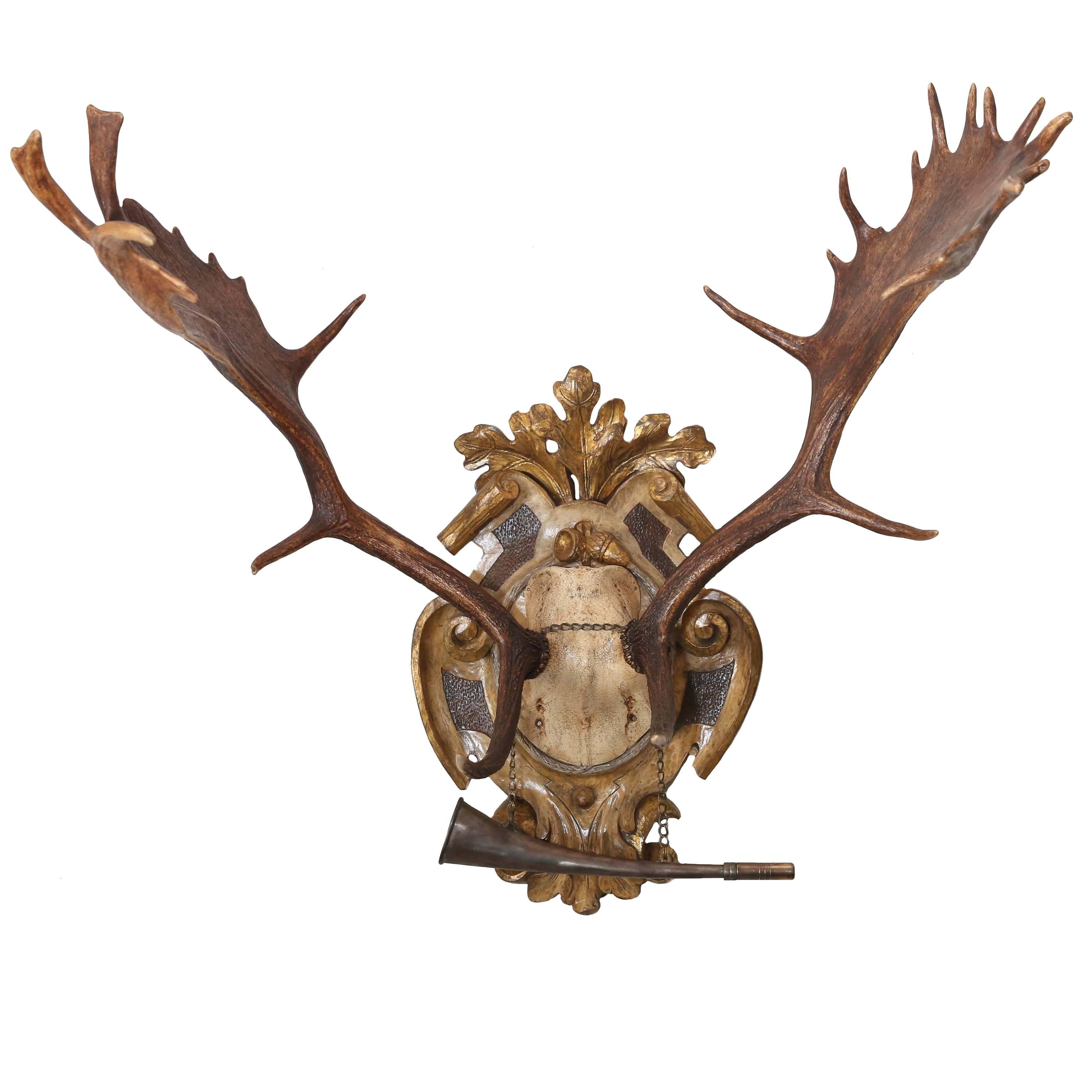 19th Century Habsburg Gilt Hunt Trophy with Original Hunt Horn