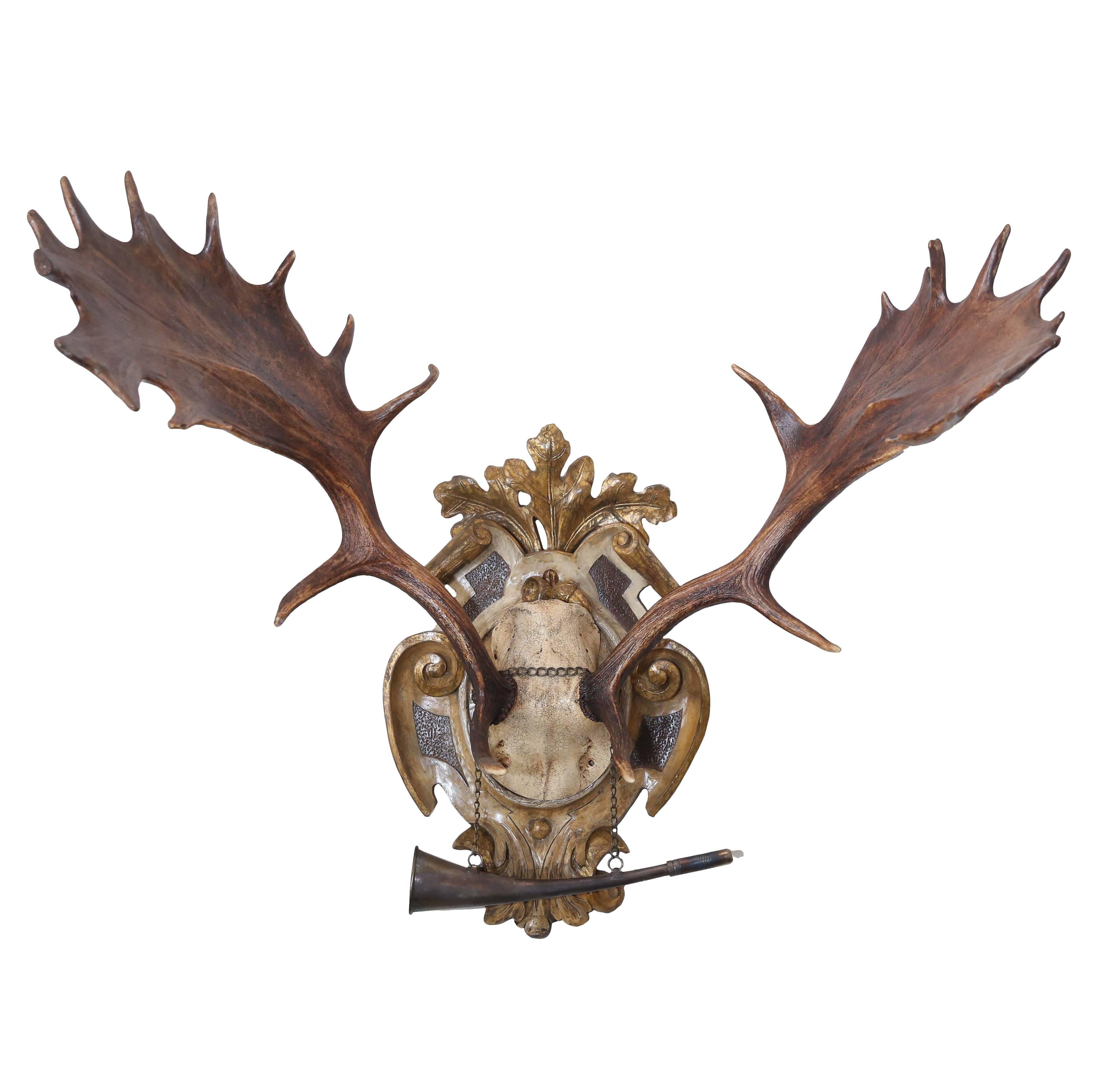 19th Century Habsburg Gilt Hunt Trophy with Original Hunt Horn