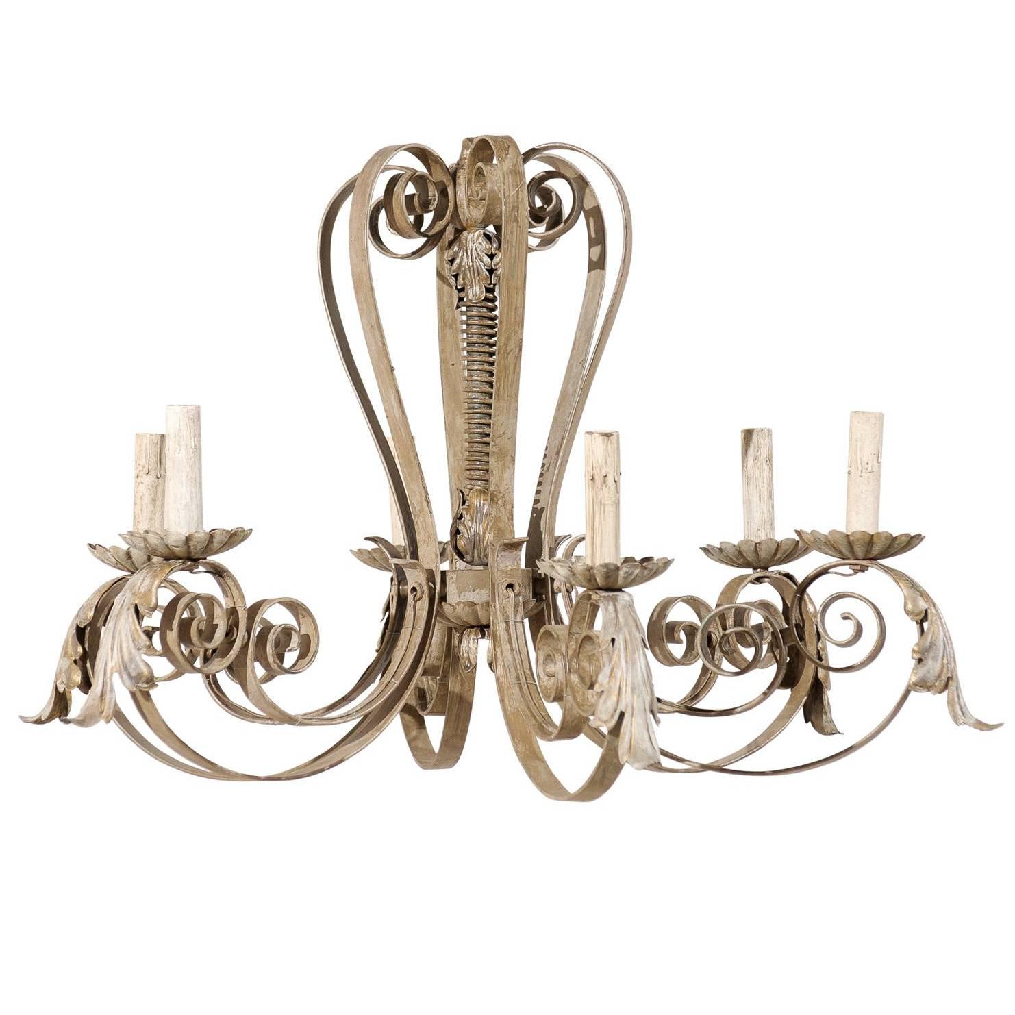 French Six-Light Painted Metal Chandelier with Acanthus Leaves and Scroll Arms