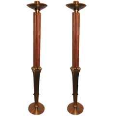 Pair of Mid-Century Modern Teak and Brass Standing "Prickets" Candlesticks