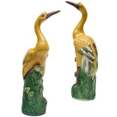 Large Pair of Chinese Polychrome Painted Glazed Porcelain Cranes