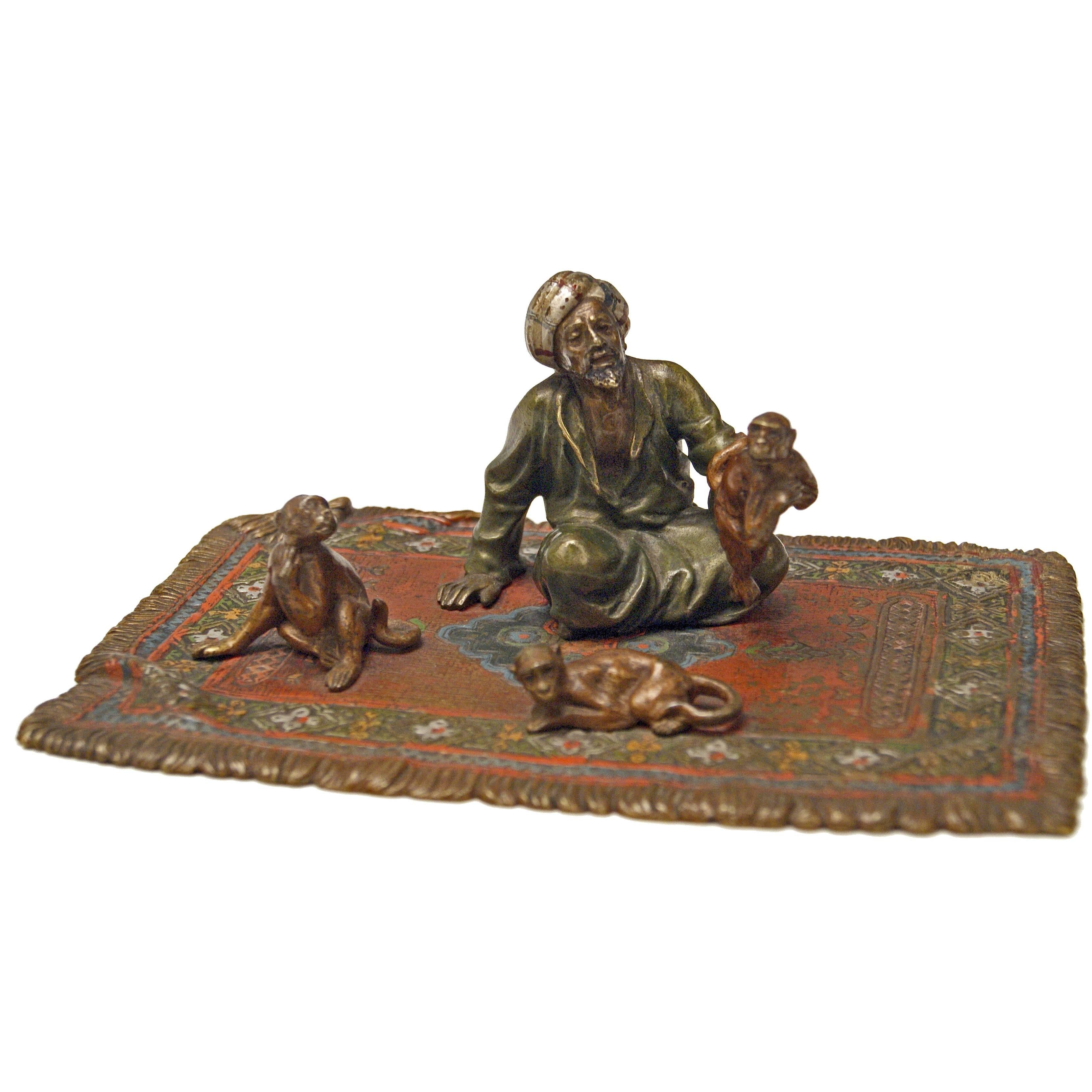 Vienna Bronze Made by Franz Bergman'N' Arab Man on Carpet Three Monkeys c.1900