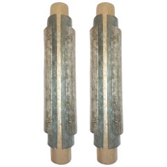 1990s Italian Pair of Tall Wall Lights in White Blue Gray Frosted Murano Glass