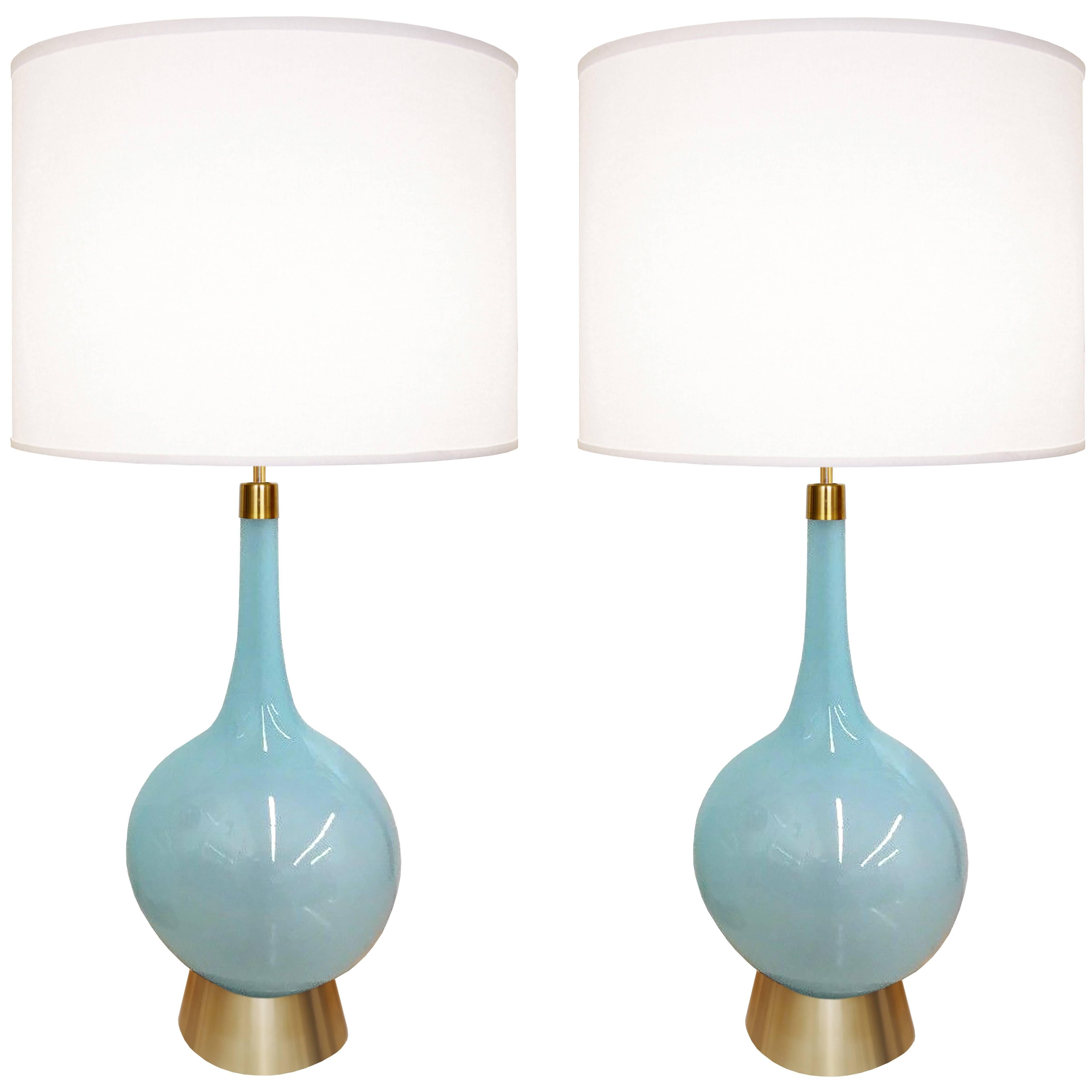Pair of Italian Blue Glass Lamps For Sale
