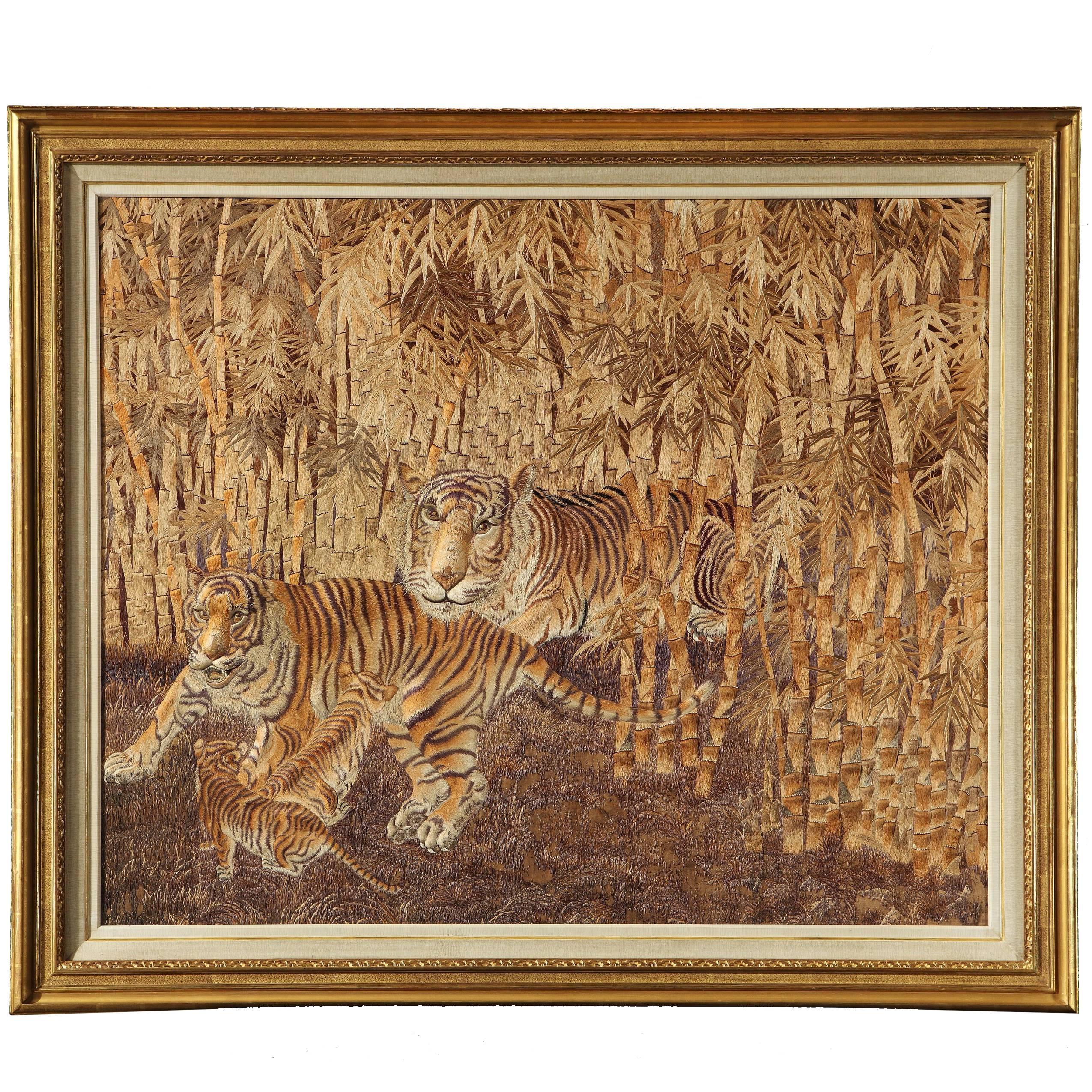 Victorian Period Japanese Embroidered Silk Panel of a Tiger Family For Sale