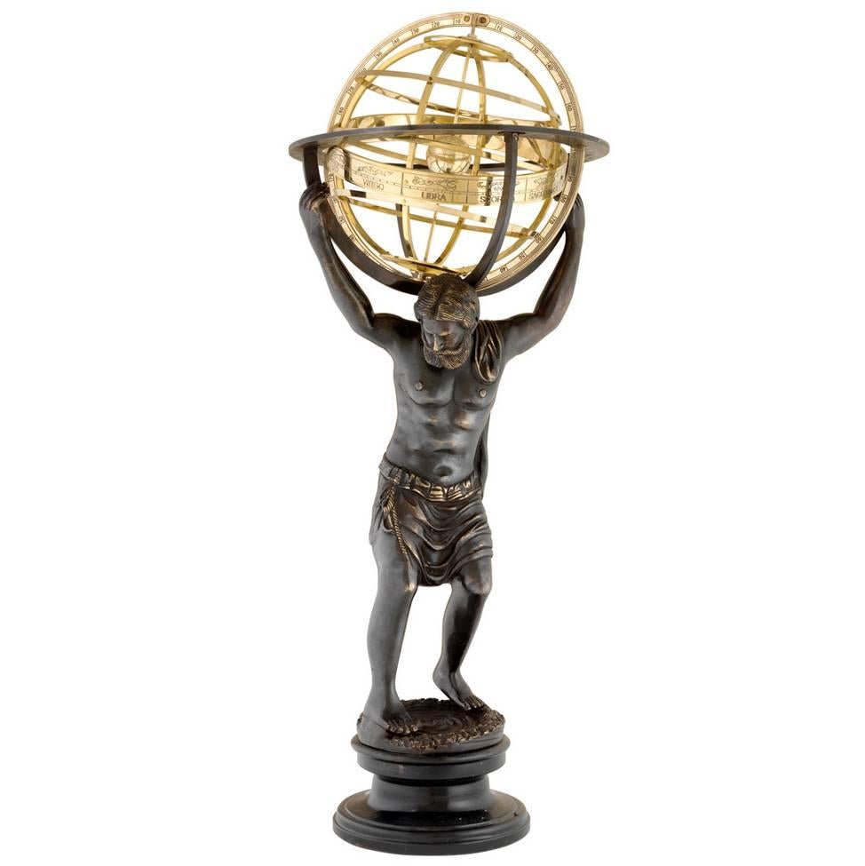 Antique Bronze Sculpture Atlas with Globe in Brass Finish on Marble Base