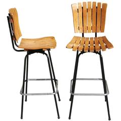 Arthur Umanoff Style Slat Wood Bar Stools, Pair