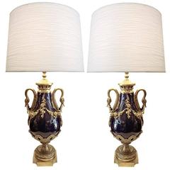 Pair of 19th Century Bronze and Cobalt Blue Porcelain French Lamps