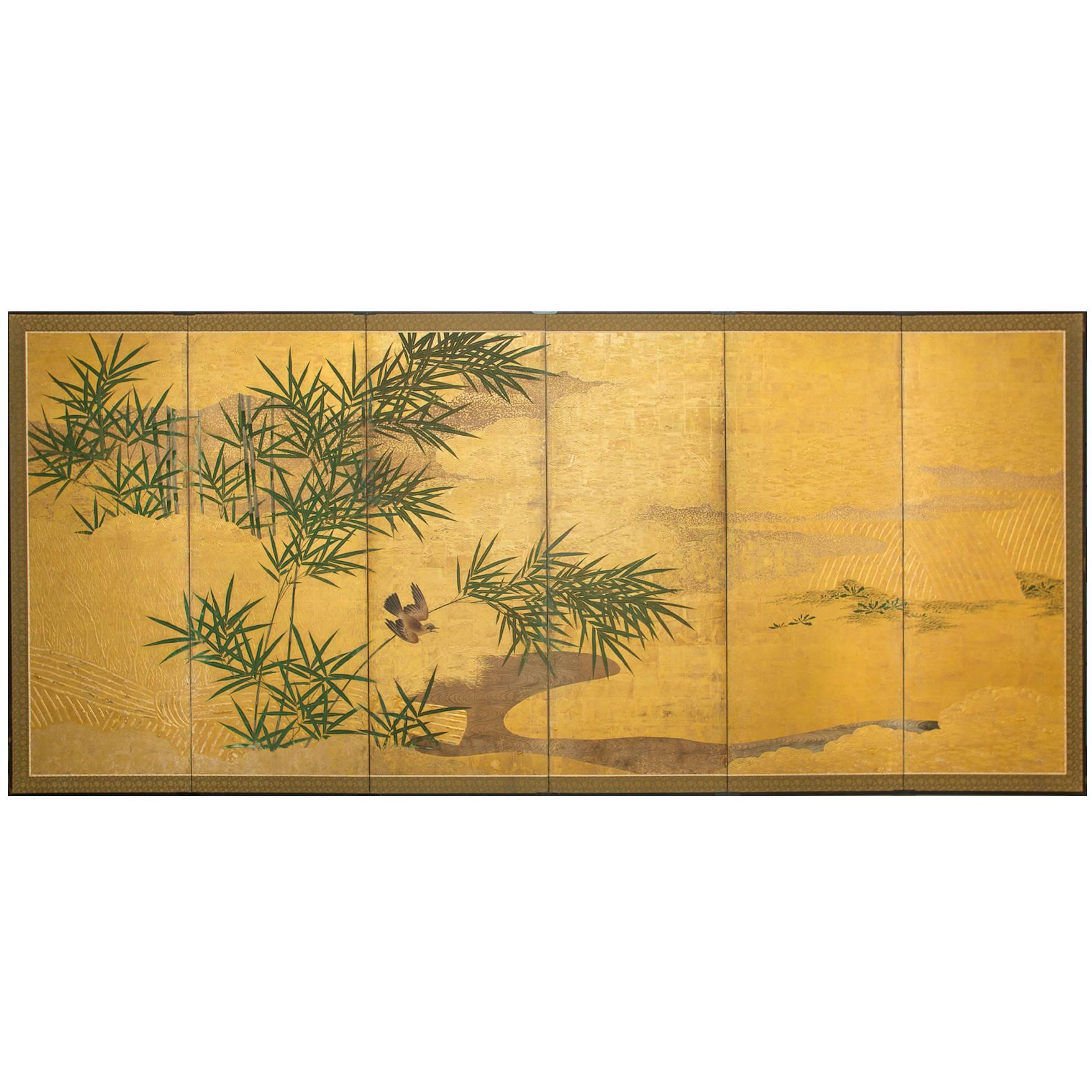 Japanese Six Panel Screen: Bamboo Grove with Bird and Meandering Stream For Sale