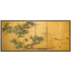 Antique Japanese Six Panel Screen: Bamboo Grove with Bird and Meandering Stream