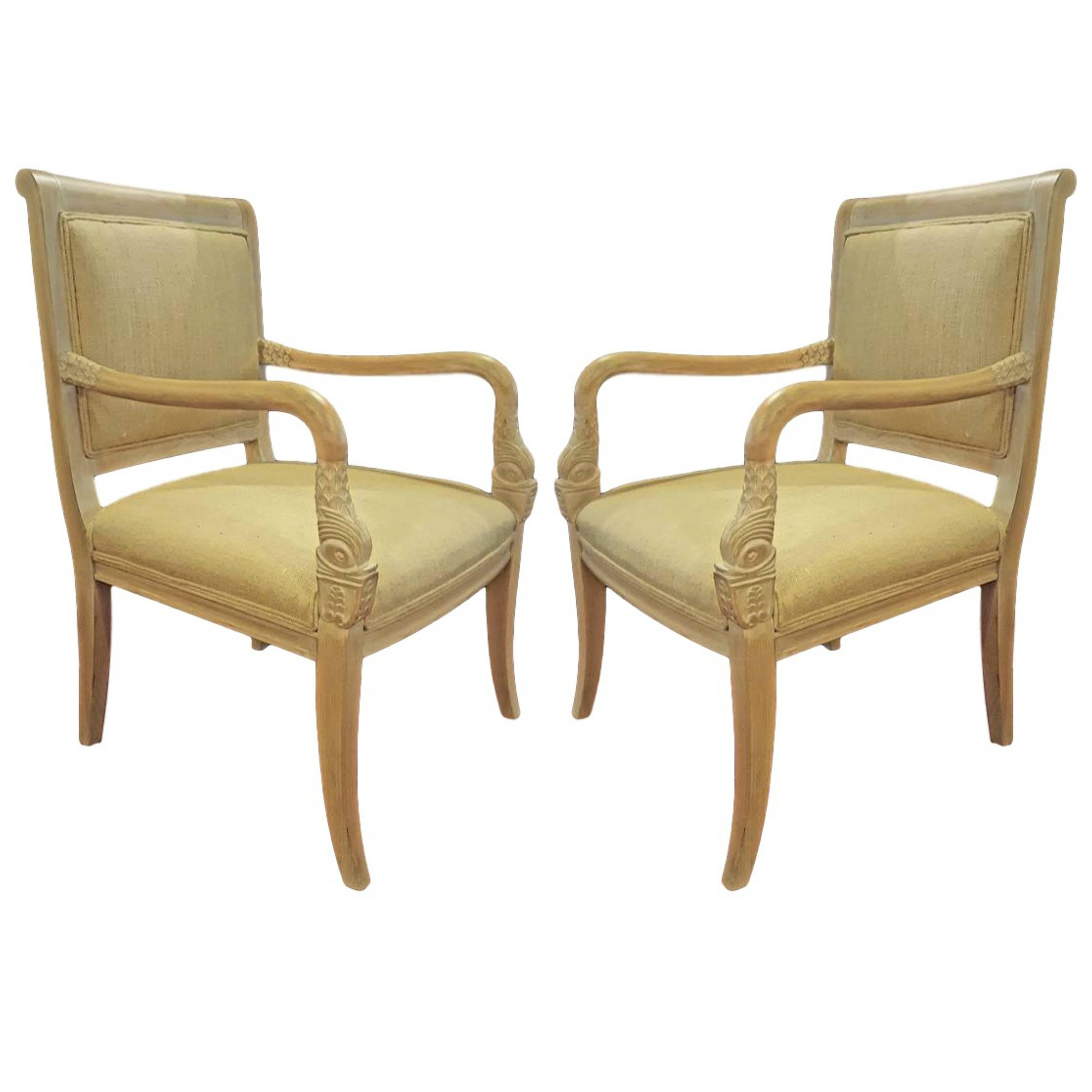 Pair of Armchairs with Carved Dolphin Head Hand Rests. 