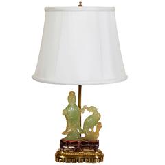 Brass Lamp with Chinese Carved Jade Figural Group