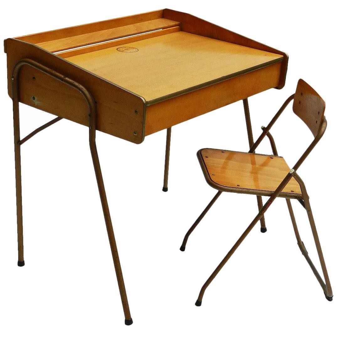 French Mid-Century Childs Desk and Folding Chair by Brevete Lallemand