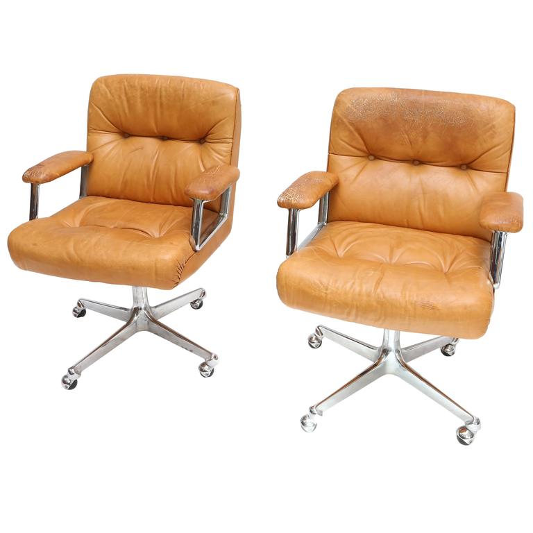 Pair of Cognac Leather Desk Chairs by Borsani at 1stDibs