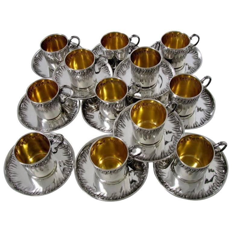 Boulenger Rare French Sterling Silver 18-Karat Gold Twelve Coffee or Tea Cups