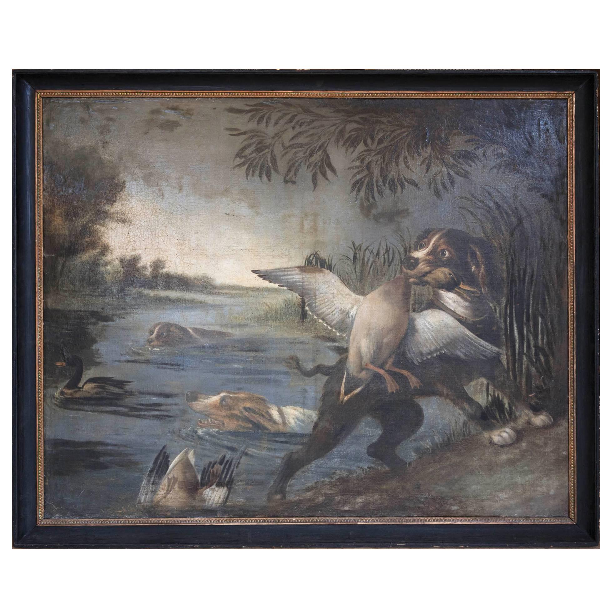 Large French 19th Century Painting of Dogs and Ducks in a Period Frame