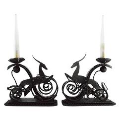 Michel Zadounaïsky French Art Deco Pair of Wrought-Iron Antelope Lamps 1930s 3