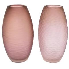 1980 Vetreria Schiavon Set of Two Satin Coral Pink Murano Glass Vases