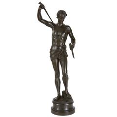 Patinated bronze antique figure of David by Paul Dubois