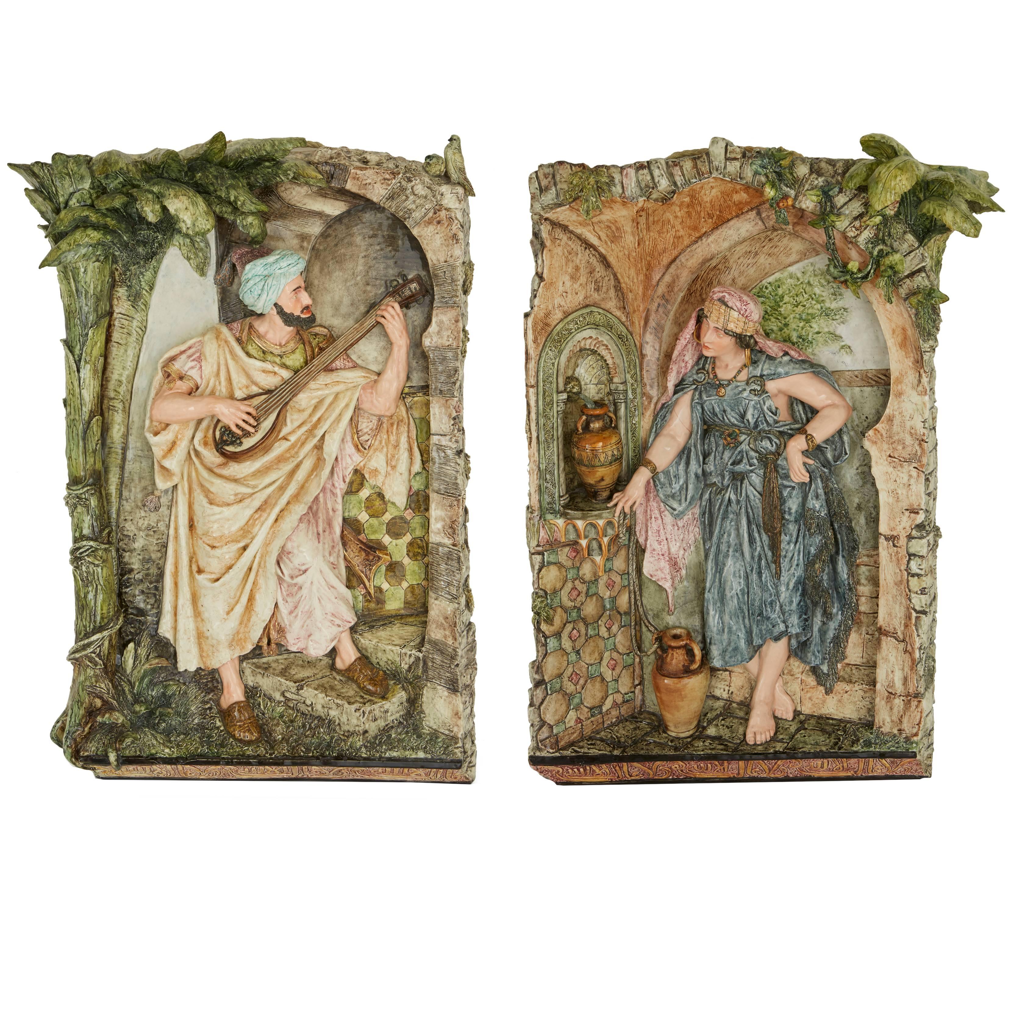 Pair of Orientalist Antique Majolica Plaques by Kaffsack