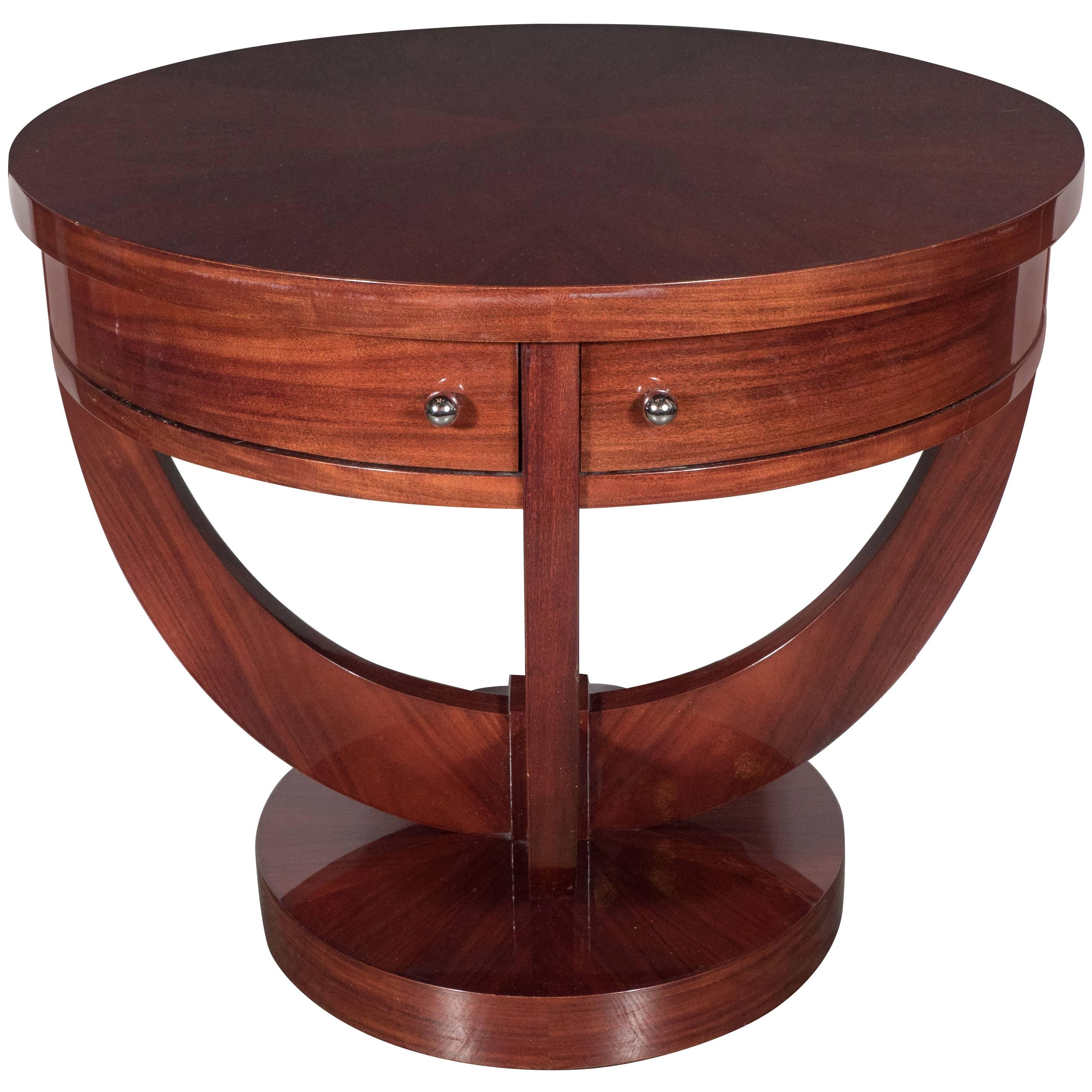 Art Deco Guerin Compass-Style Table in Book-Matched Mahogany and Chrome Pulls