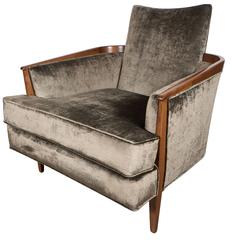 Mid-Century Sculptural Armchair in Smoked Sage Velvet and Hand-Rubbed Walnut