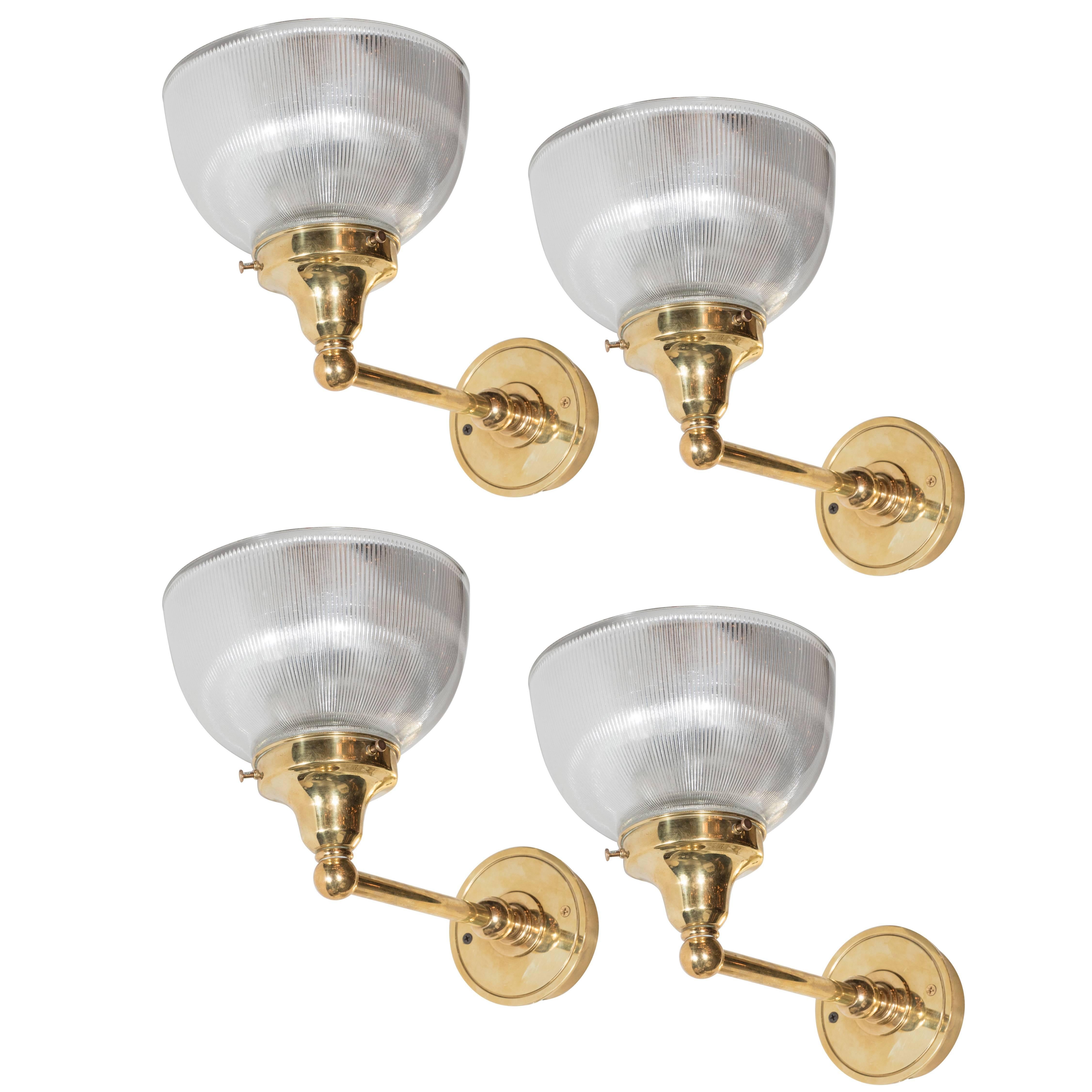 Set of Four American Classical Brass and Halophane Glass Sconces For Sale