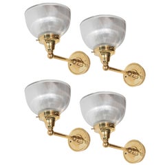 Set of Four American Classical Brass and Halophane Glass Sconces
