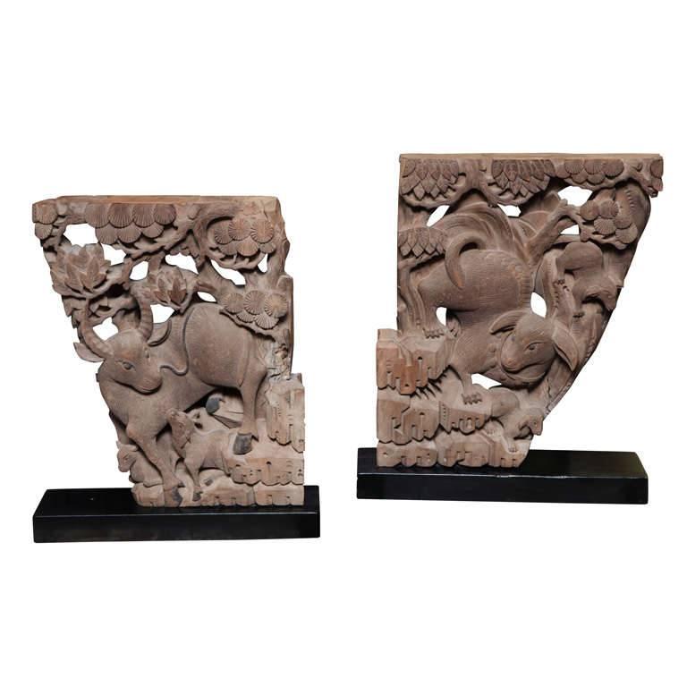 Pair of Mid-19th Century Carved Temple Corbels with Animals and their Young