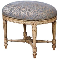 19th Century French Louis XVI Carved Painted Stool with Blue Cut Velvet Fabric