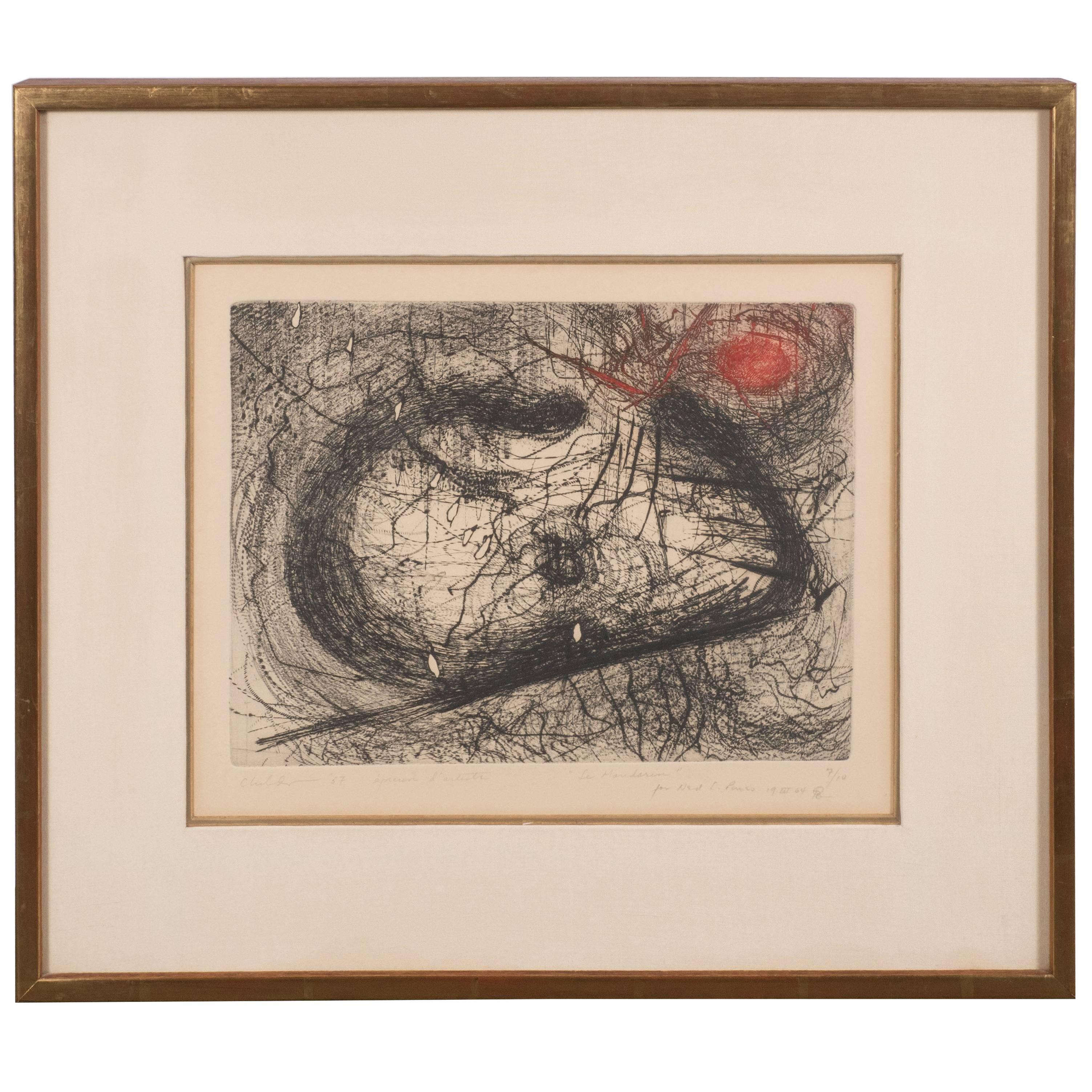 Modern Abstract Expressionist Print, "Le Mandarin" Scribbles in Black and Red