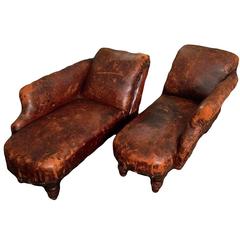 Antique Pair of Miniature Leather Méridienne Chaise Lounge Chairs