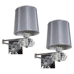 Pair of Mid-Century Swing-Arm Sconces in Chrome and Stacked Lucite Detail