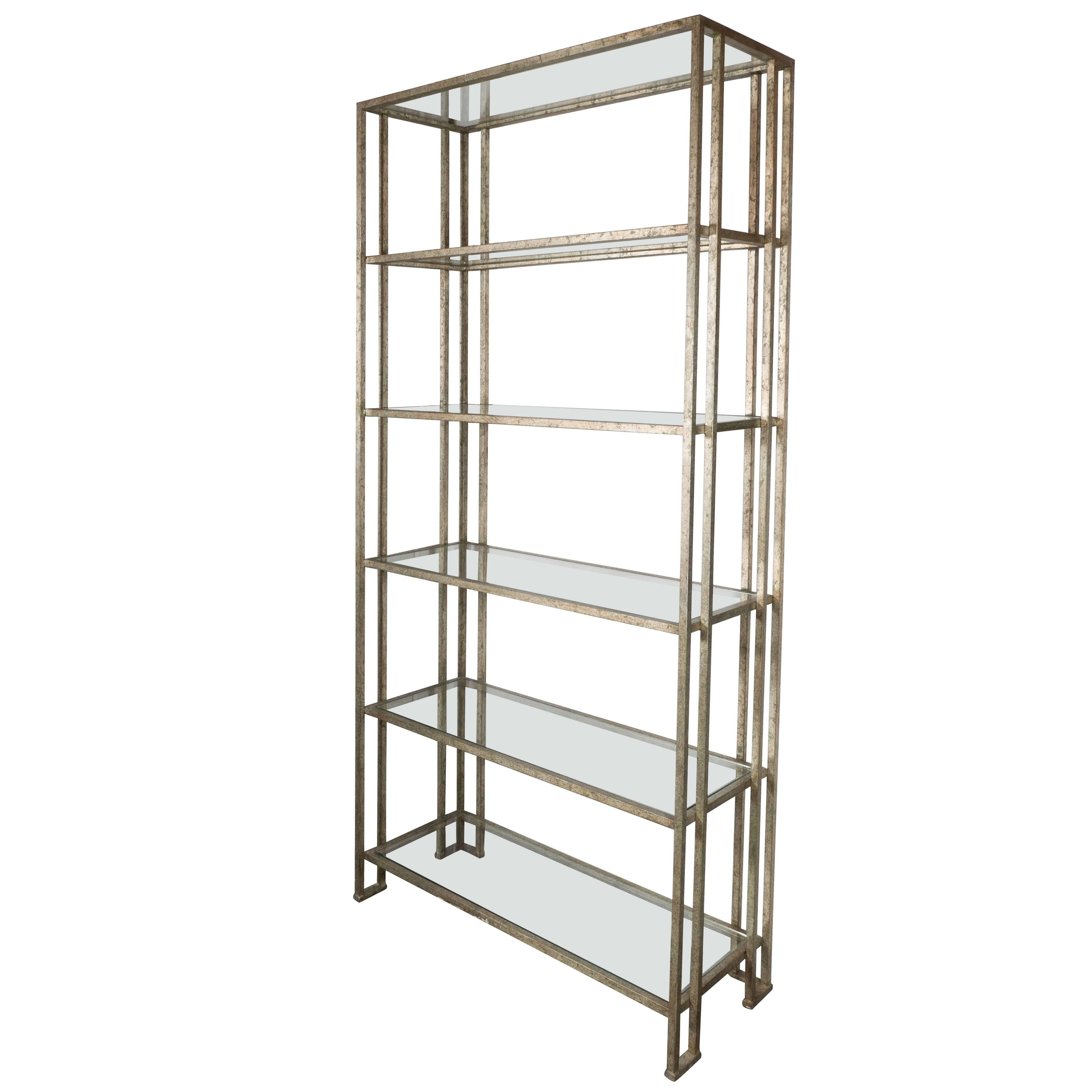 Impressive Industrialist Patinated Brass and Glass Etagere, American, circa 1970