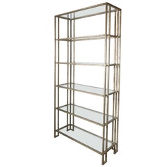 Impressive Industrialist Patinated Brass and Glass Etagere, American, circa 1970