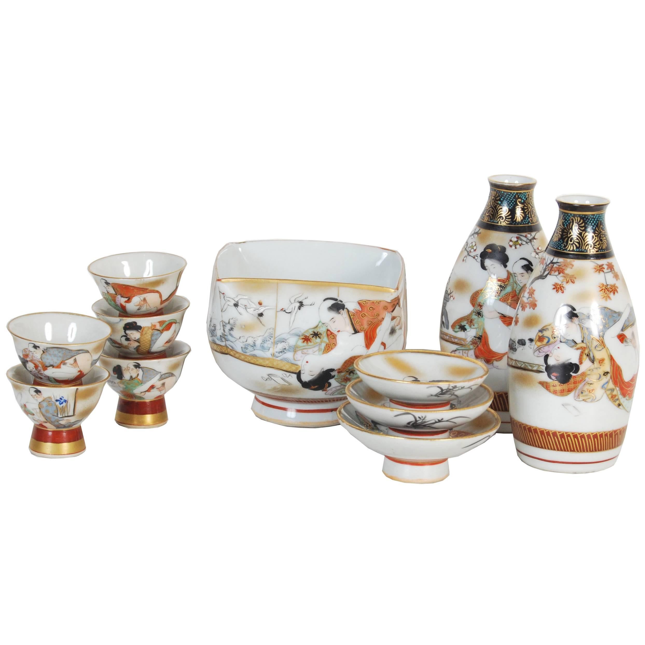 Antique Japanese Erotic Porcelain Sake Set, circa 1890