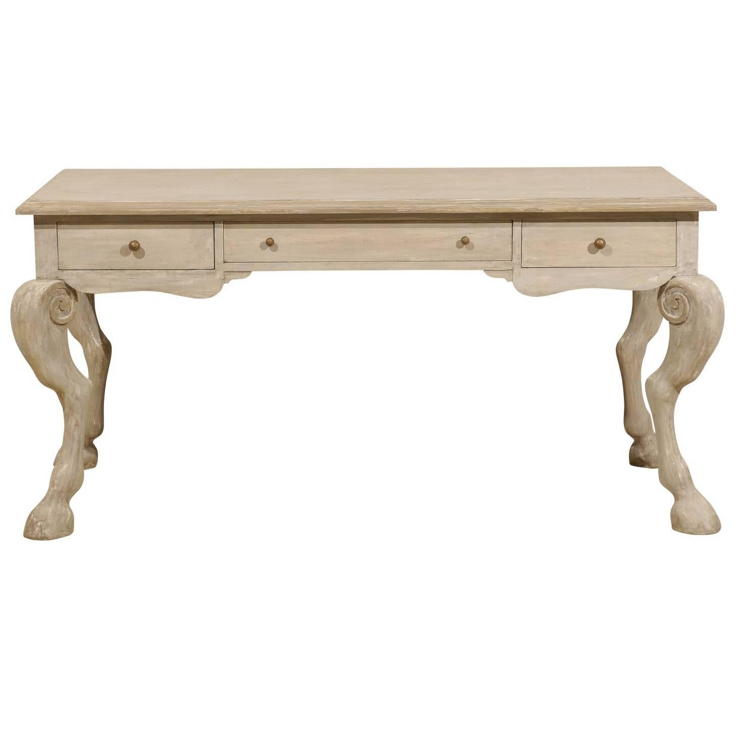 Unique Painted Wood Desk with Animal Legs and Hooved Feet of Grey-Green Color
