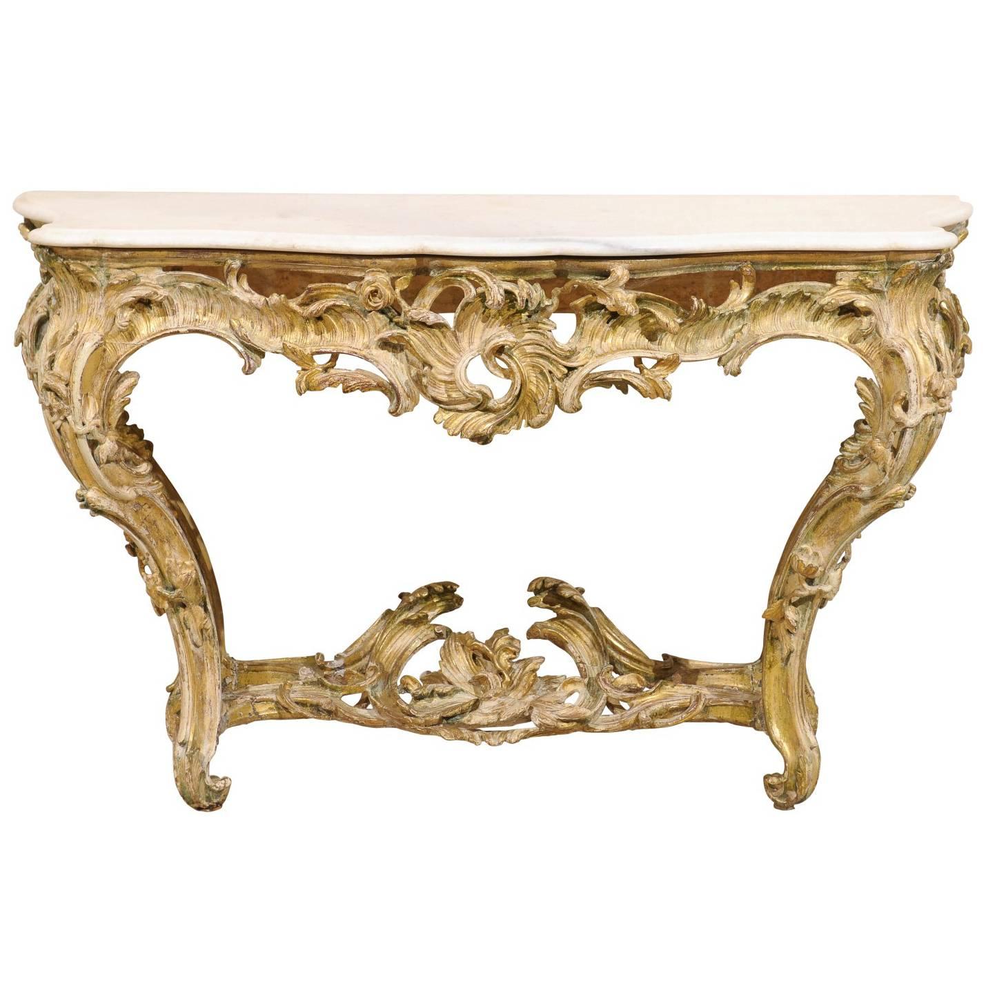 18th C. French Elaborate Rocaille Carved & Gilt-Wood Console Table w/ Marble Top
