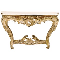 18th C. French Elaborate Rocaille Carved & Gilt-Wood Console Table w/ Marble Top