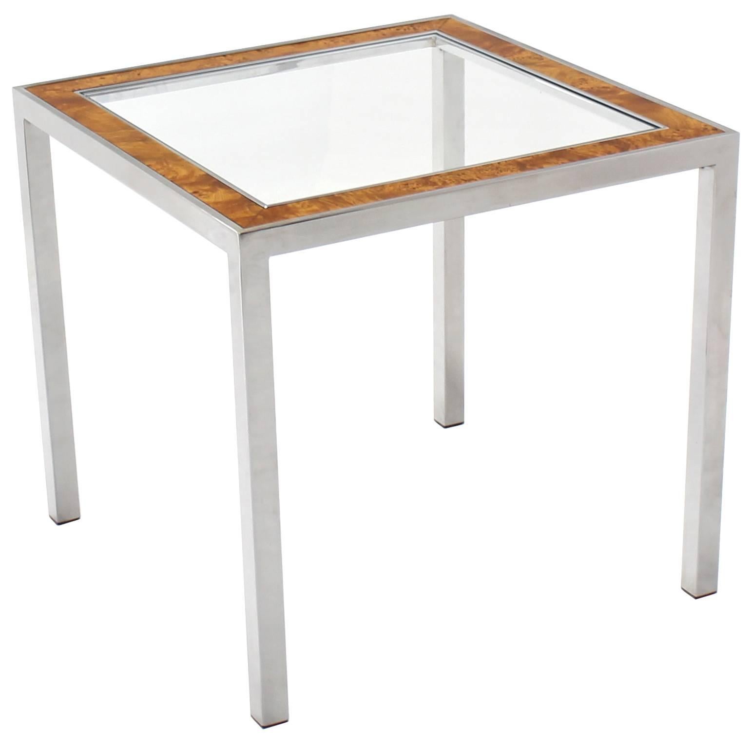 Chrome Burl Wood Glass Square Side Table For Sale
