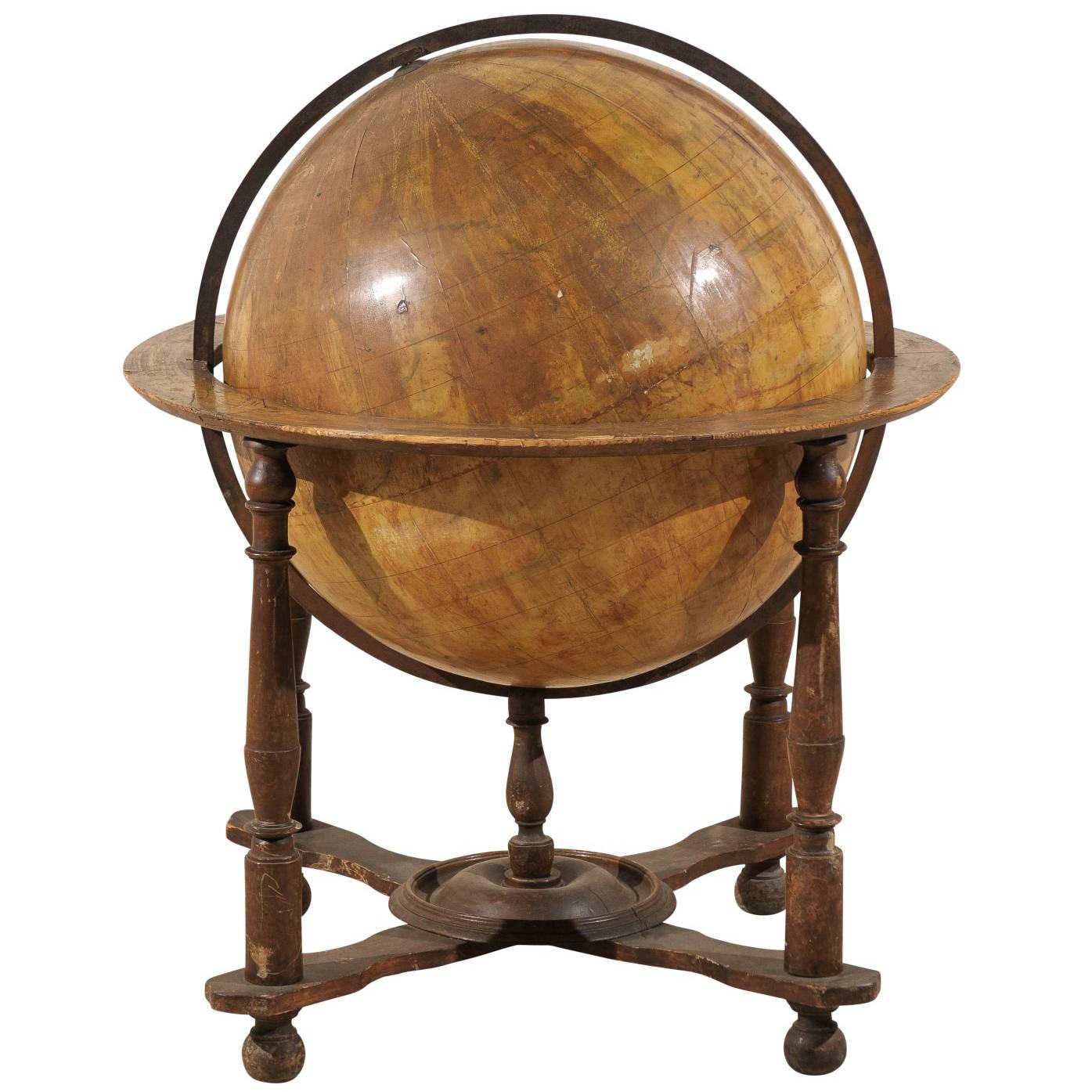 A Large-Sized Italian Heavily Foxed Velum Covered Globe on Wood Stand, 19th C. 