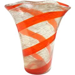 Fratelli Toso Murano Red Orange Stripe Aventurine Flecks Italian Art Glass Vase 7