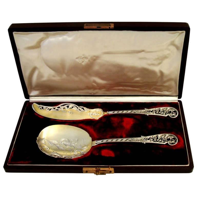 Souflot French All Sterling Silver 18-Karat Gold Ice Cream Set of Two Pieces Box For Sale